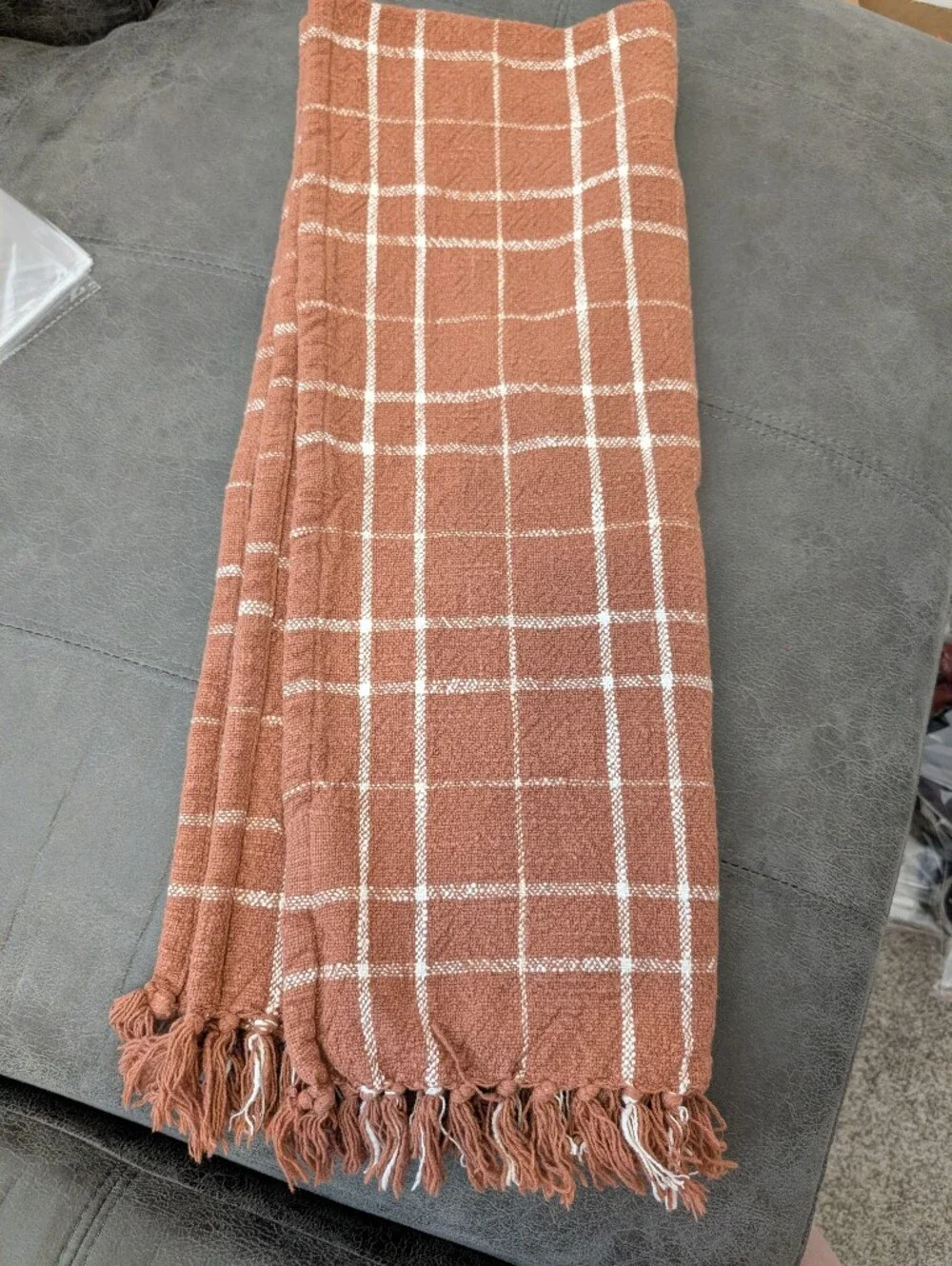 Rust Plaid Woven Waffle-Texture Throw Blanket